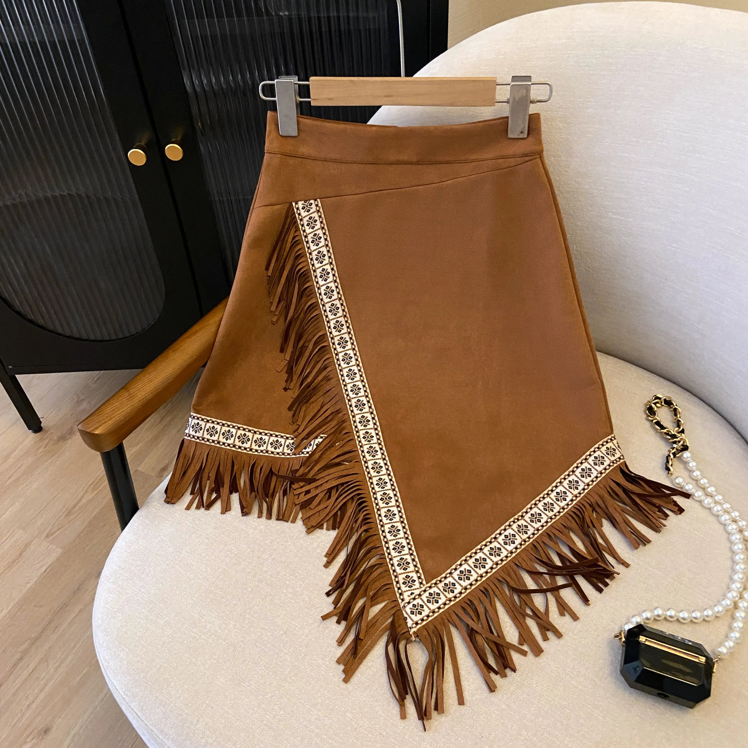 Vacation Style Bohemian Fringed Skirt for Women Retro Ethnic Embroidered Asymmetric Suede Mini Skirts