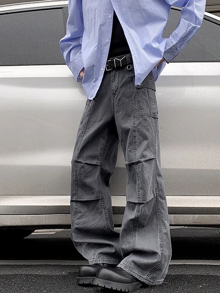 Celana Kerja Pria Model High Street Amerika, Jeans Flare Kasual Desain Drapey, Denim Lipat Trendi Musim Gugur, Celana Panjang Serbaguna