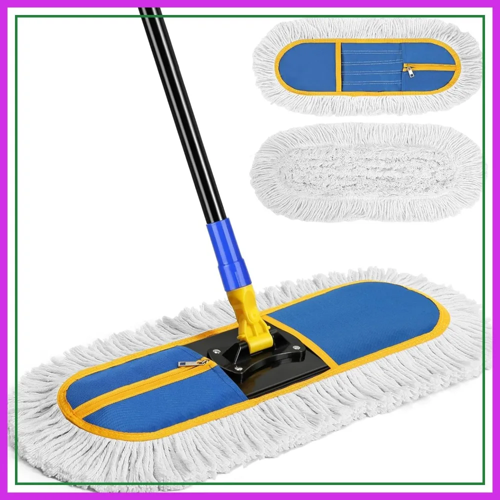 

16 Inch Wet Dry Dust Mop for Hardwood Floors with 2 Washable Pads, Commercial Grade Broom for Warehouse Courtyard Cleaning, Blue