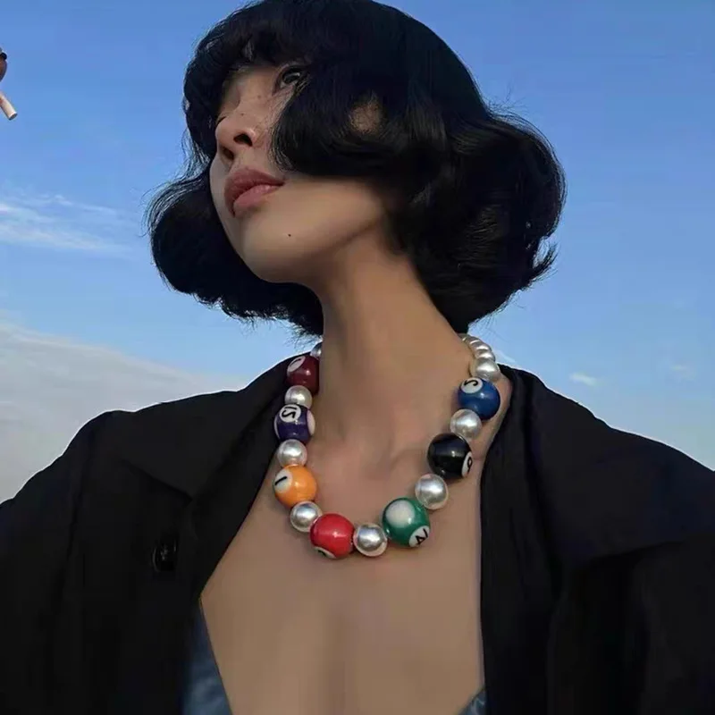 Dopamine colorful billiard necklace niche unique design pearl collarbone chain personality exaggerated women fashion choker