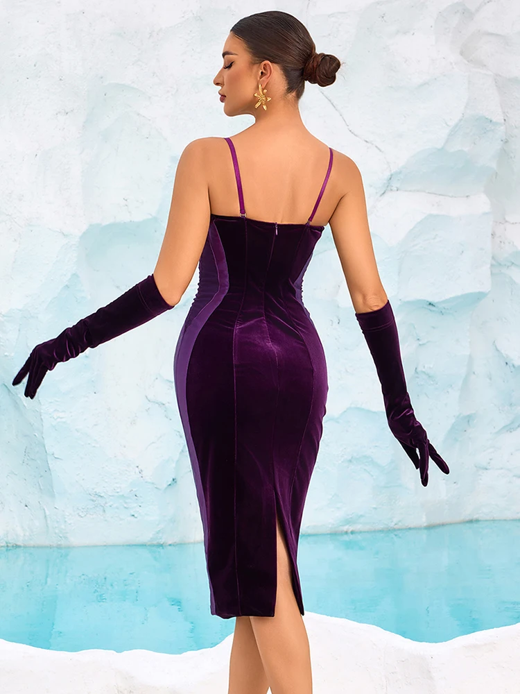 VC グラマラス サテン トリム ベルベット ノースリーブ ミディ ドレス スパゲッティ ストラップ イブニング ドレス