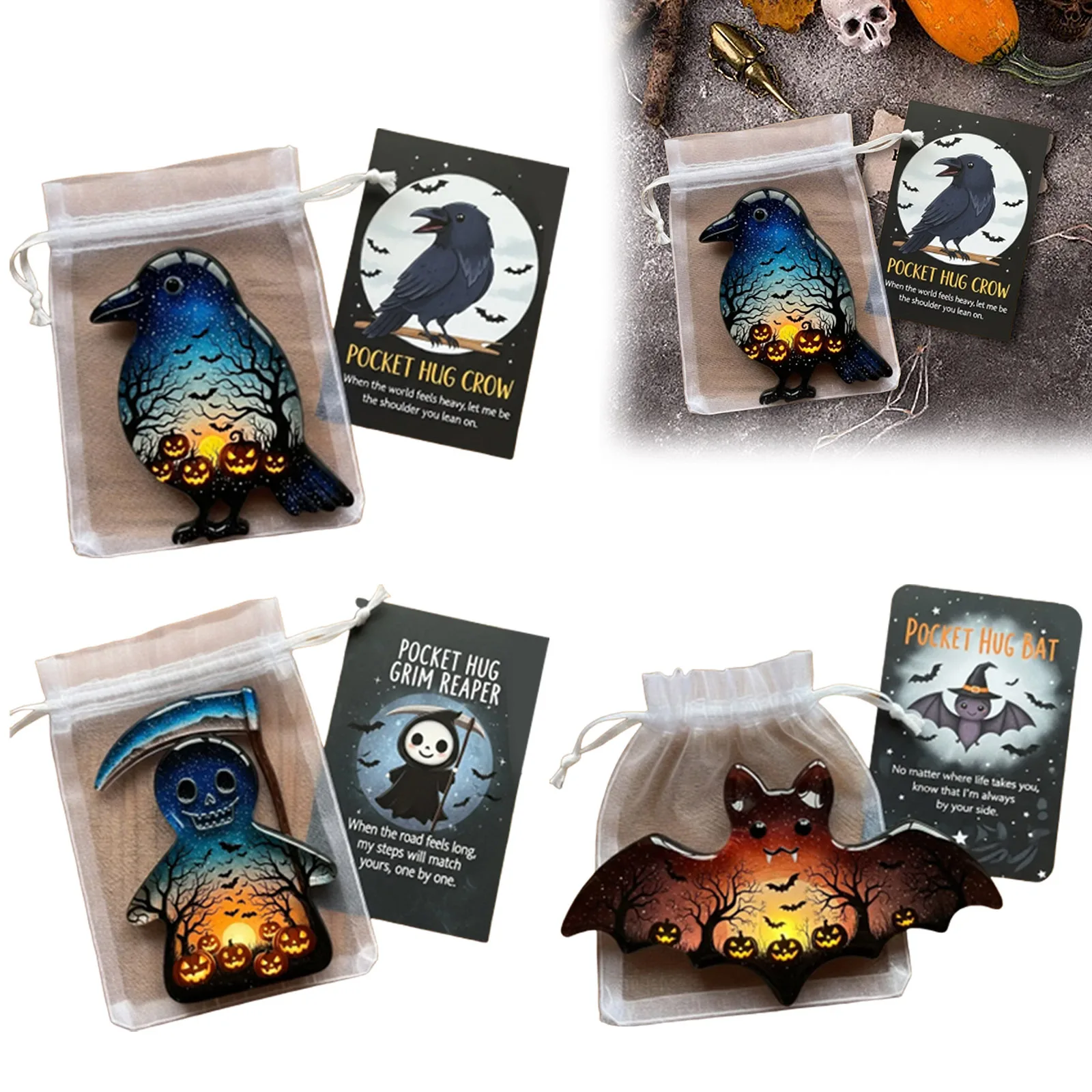الأطفال الضميمة هالوين بطاقات الجيب 2D الاكريليك جيب عناق بطاقات مع شنطة هدايا الخفافيش غريم تصميم تحفيزية للأصدقاء #2