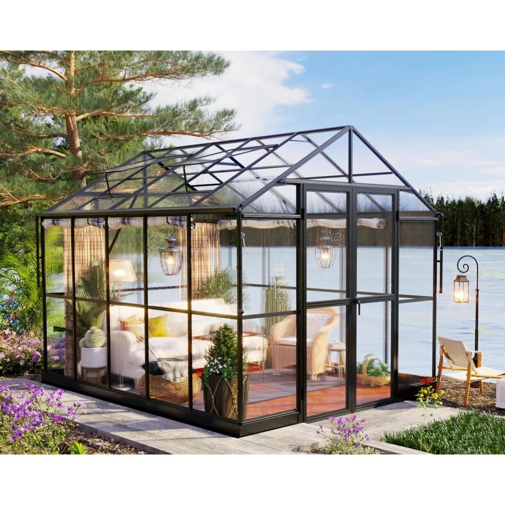 

8x10x7.5 FT Outdoor Aluminum Polycarbonate Greenhouse with Ventilation and Rain Gutter, Swing Doors with Hook Walk in Greenhouse