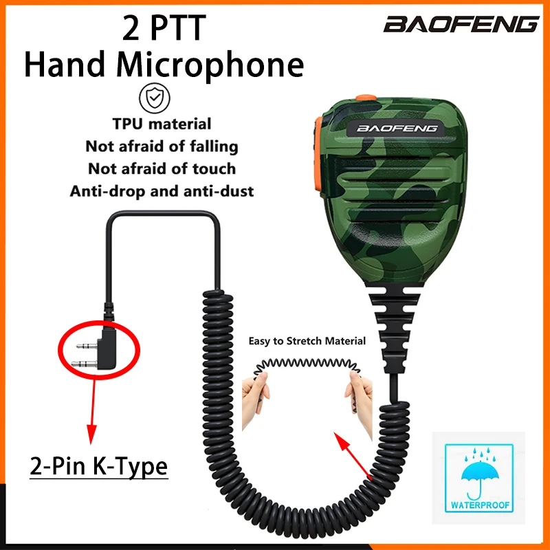 Baofeng Camo PTT Microphone Waterproof Walkie Talkie Speaker Radio Mic 2-Pin Kenwood Type Handheld Mic For UV-82 UV16 888S