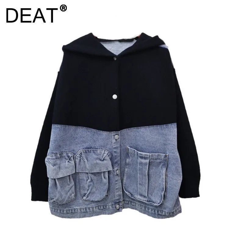 DEAT Women's Cardigan Patchwork Denim Pockets Loose Single Breasted Hood Knitted Sweaters 2025 New Fashion Spring 29L9076