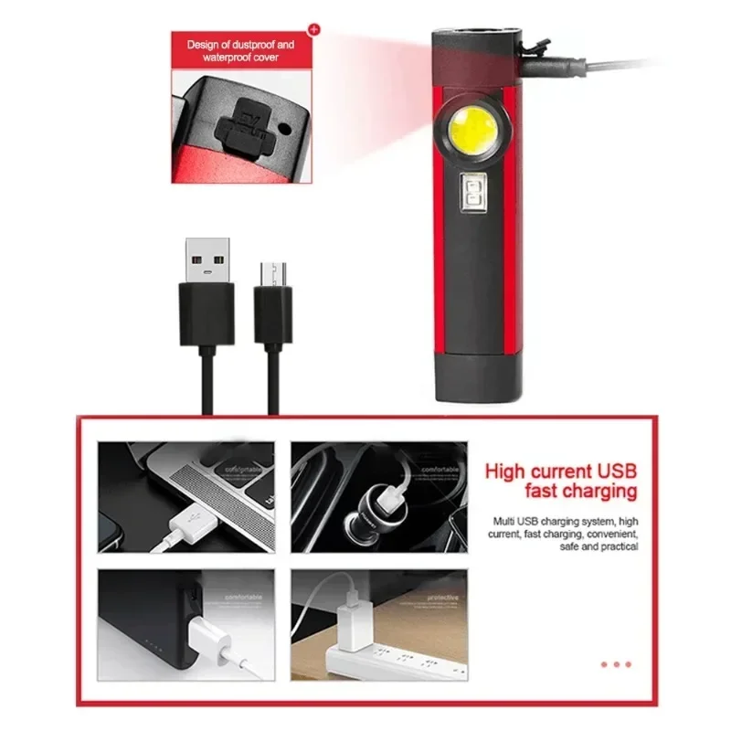 COB + LED Lanterna de luz forte, USB recarregável, 5 velocidades de luz de trabalho, lâmpada magnética, tocha LED portátil para acampamento ao ar livre