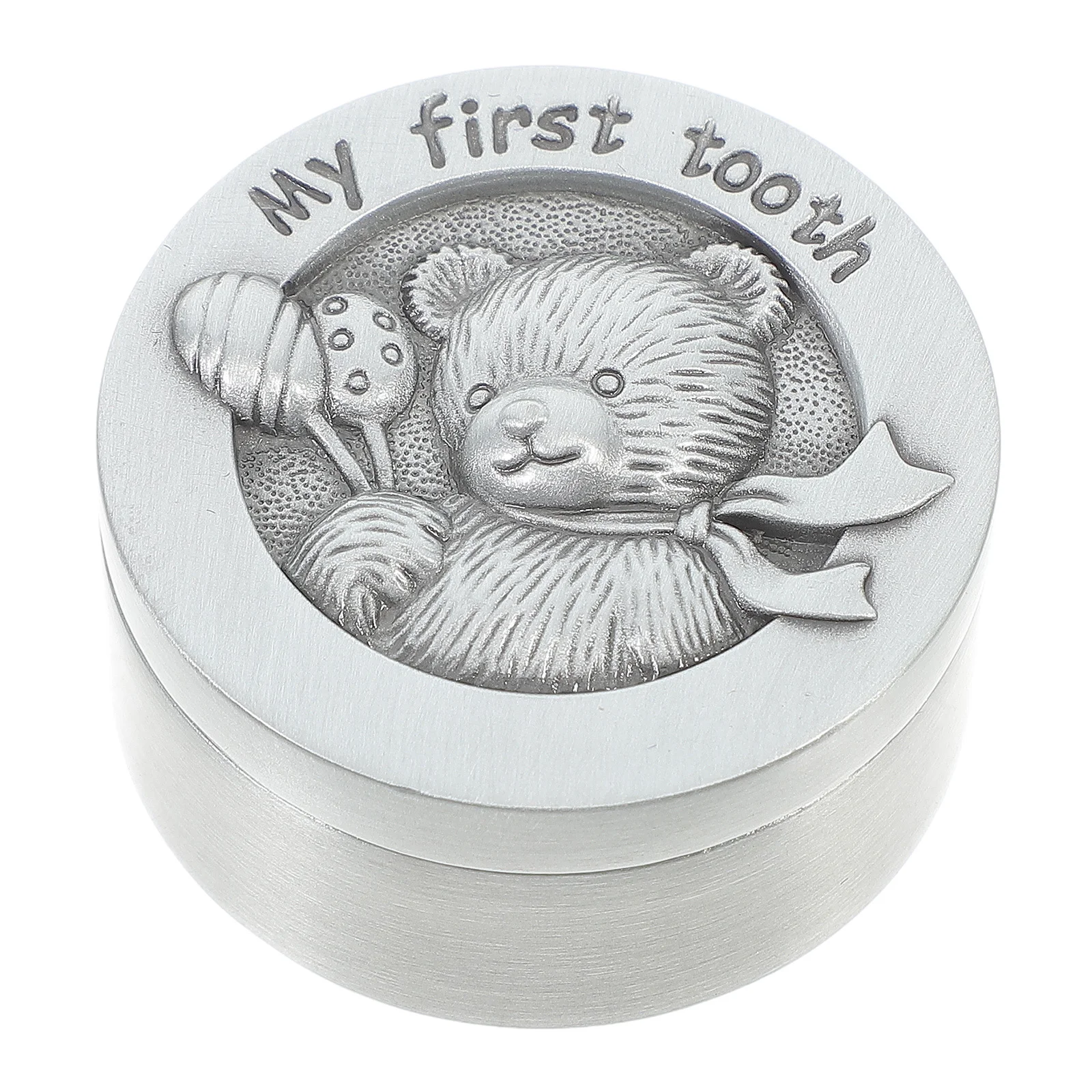 

1pcs Baby Tooth Keepsake Box Metal Embossed First Tooth Storage Container Cute Cartoon Bear Design Small Trinket Box For Girls