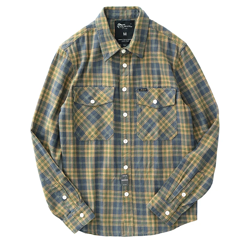 

Japanese retro garden plaid shirt men's autumn thin casual cotton sanded flannel long sleeve shirt