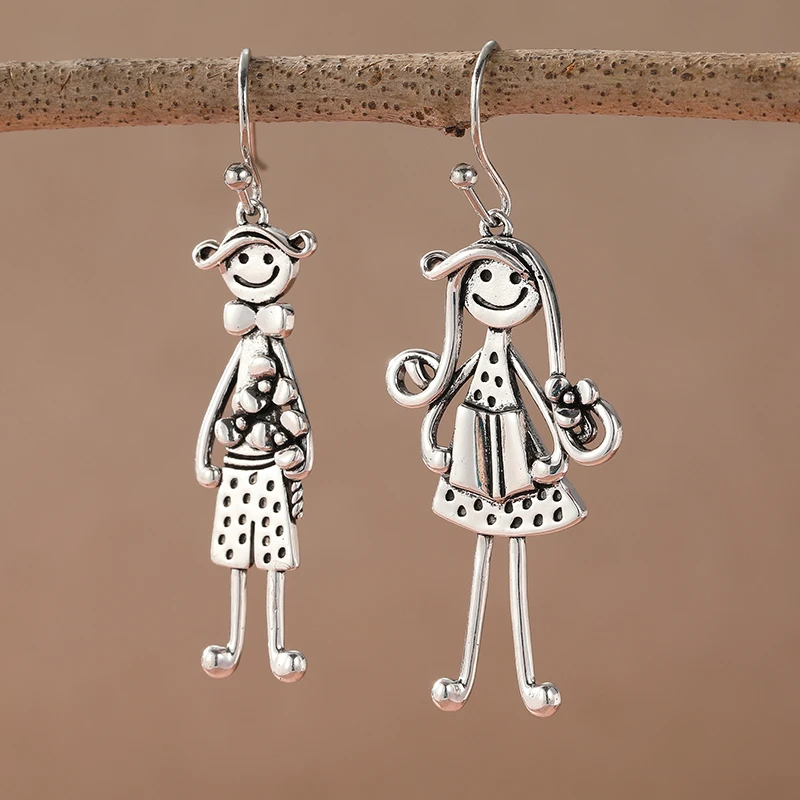 Vintage Boy and Girl Dangle Earrings with Hook Backs for Pierced Ears. Hallarked Gift for Mom.