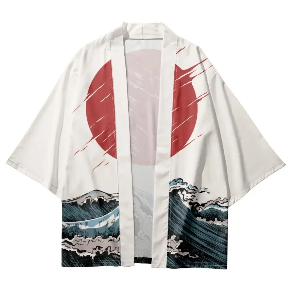 2024 Summer Beach Wave Print Kimono Streetwear Traditional Cardigan 3/4 Sleeve Shirt Haori Fashion Kimono Yukata Men Women