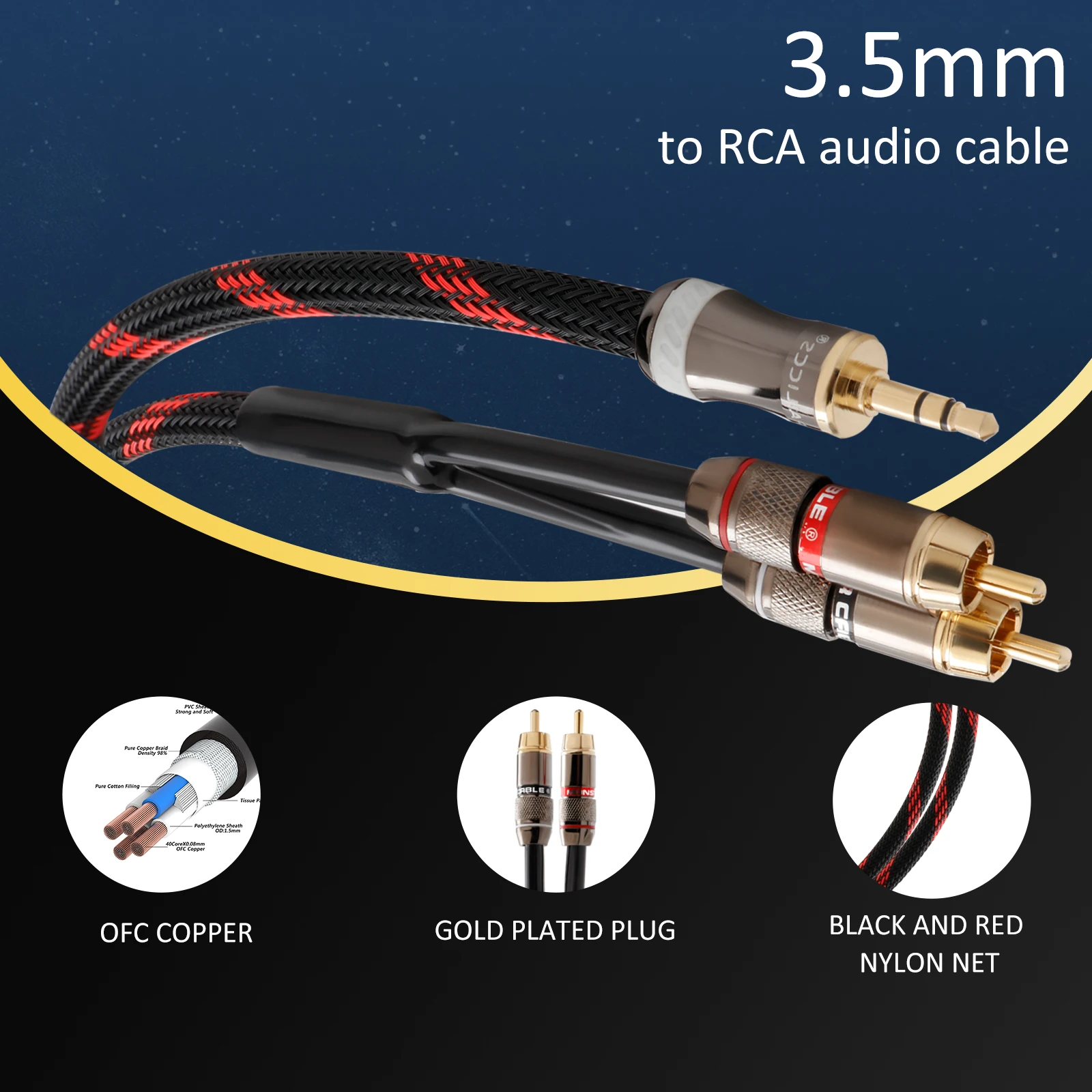 

Preffair 1PCS HiFi Audio RCA Cable 3.5mm Straight AUX Plug Converter to 2RCA Plugs High Fidelity Signal Wire for Better Sound