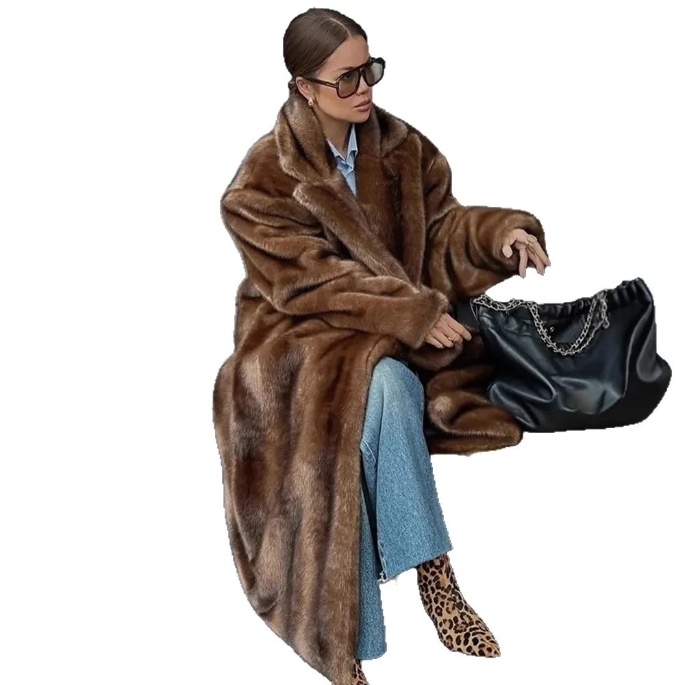 KIDCRKJ Winter Vrouwen Kunstbont Jas Enkele Breasted Pluizige Faux Lange Bontjas Voor Lady Revers Vrouwelijke Pluche Bontjas