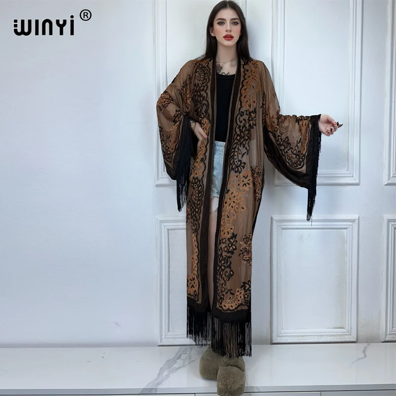 WINYI Africa Kimono Personality perspective tassel cardigan for woman beach outfit kaftan beach cover up evening dress maxi coat