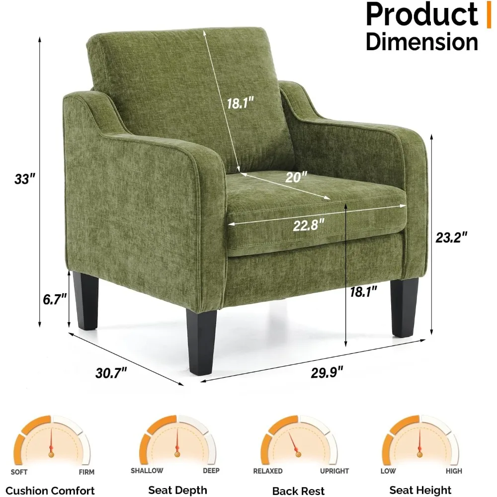 Mid Century Modern Olive Green Accent Chair with Scooped Arms for Living Room and Bedroom Reading