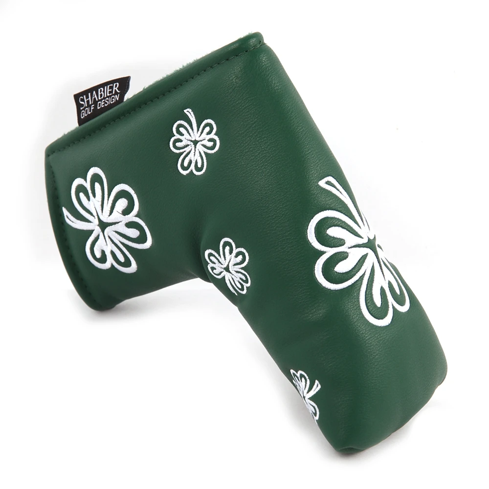 Green PU Leather Shamrock Embroidery Golf Club Magnetic Closure Blade Mallet Putter Covers