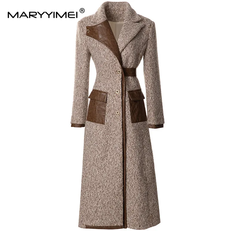 

MARYYIMEI Autumn/Winter New Style Vintage Designer Coat Women Brown Square Collar Single-breasted Slim Fit S-3XL Long Overcoat