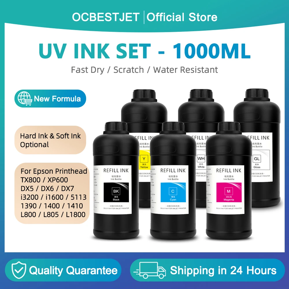 

6 цветов/набор, 1000 мл, высококачественные УФ-чернила для Epson TX800 XP600 DX5 DX6 DX7 i3200 i1600 5113 4720 1390 1400 1410 L800 L805 L1800