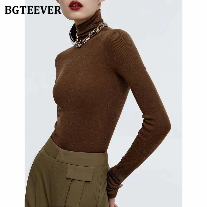 BGTEEVER Casual Slim Women Knitted Pullovers Autumn Winter Long Sleeve Turtleneck Sweaters Ladies Knitwear Jumpers