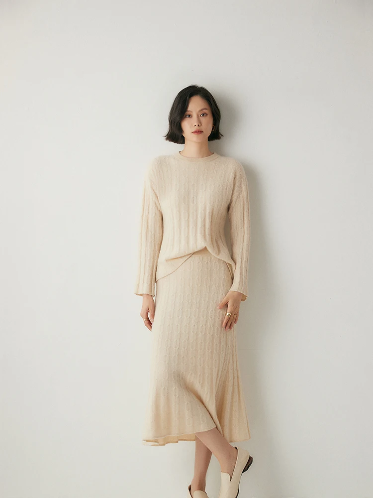 Women 100% Cashmere Sweater Suit O-neck Pullover Pleated Skirt Cable Knitwear Autumn Winter Grace Cashmere Knitwear Top Skirt