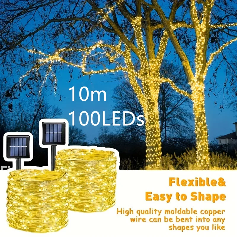 10m Solar Powered String Lights 100Leds 8 Modes Outdoor Fairy Lights for Garden Patio Christmas Wedding Decoration Warm White