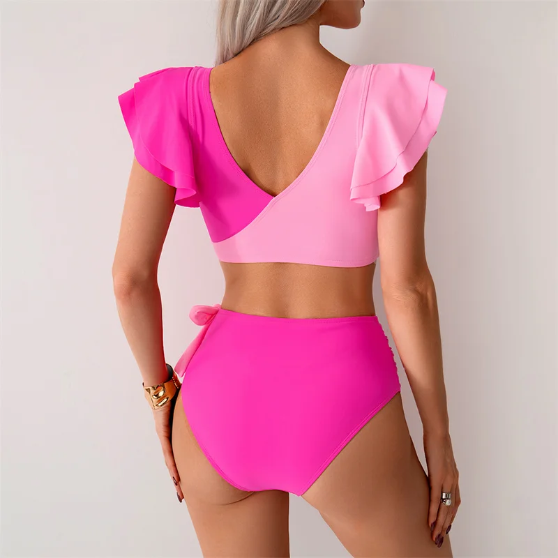 새로운 여름 여성 비키니 세트 수영복 하이웨이스트 V넥 러플 수영복 여성 투피스 타이 사이드 비치웨어