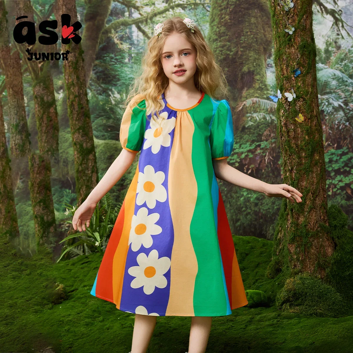 اسأل فستان بناتي صيفي بأكمام فقاعية بألوان متباينة لقضاء العطلات على شاطئ البحر #4