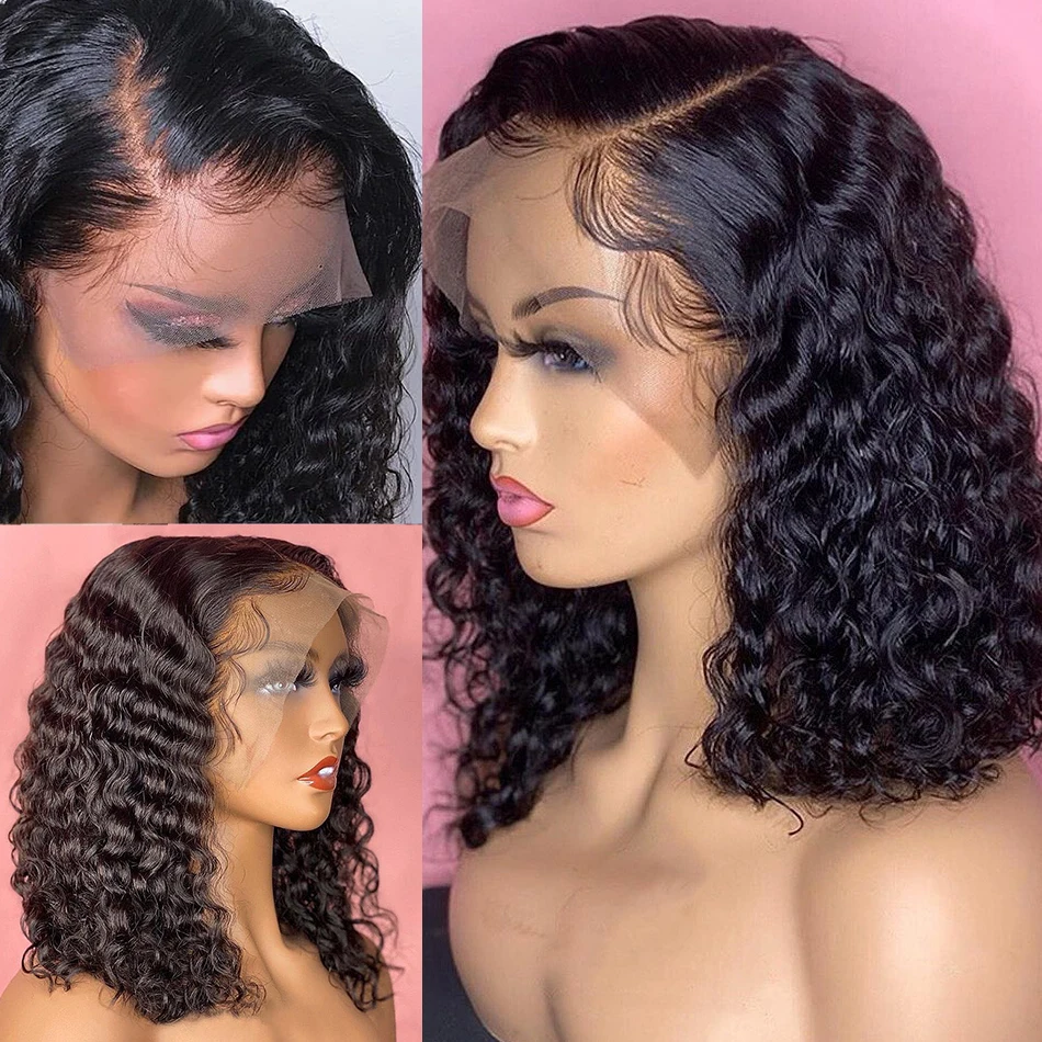 Deep Curly Side Part Lace Wig Short Bob Frontal Human Hair Wigs Kinky Curly Brazilian Remy PrePlucked 4x4 Closure 180 Density