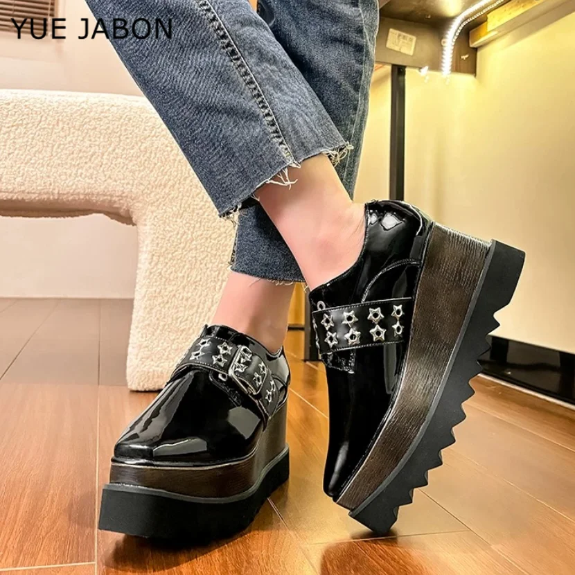 Shoes Woman 2024 Trend Star Rivets Metal Buckle Ladies Casuals Black Square High Quality Chunky Cross-tied Wedges Platform Shoes