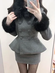 French Winter Fashion Elegant Slim 2-piece Set Women High Street Design Solid Long Sleeve Coat + High Waist Skirt Suit 2025 New