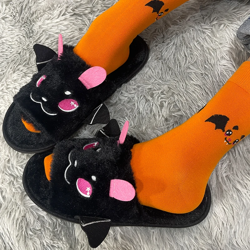 Highland Cow Halloween Bat Slippers Pumpkin Face Plush Slipper Men Women Warm House Funny Soft Fluffy Shoes Bedroom Flip-flops