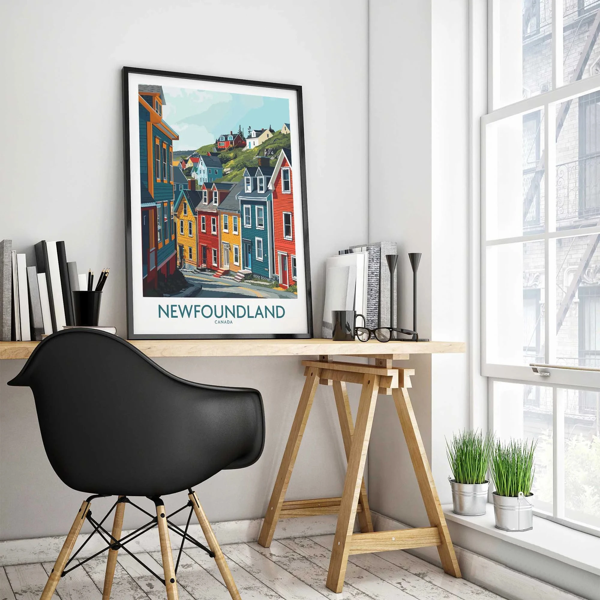 

Newfoundland art print St. John's houses wall art Canadian city travel canvas poster Modern home decor Cartoon colorful houses