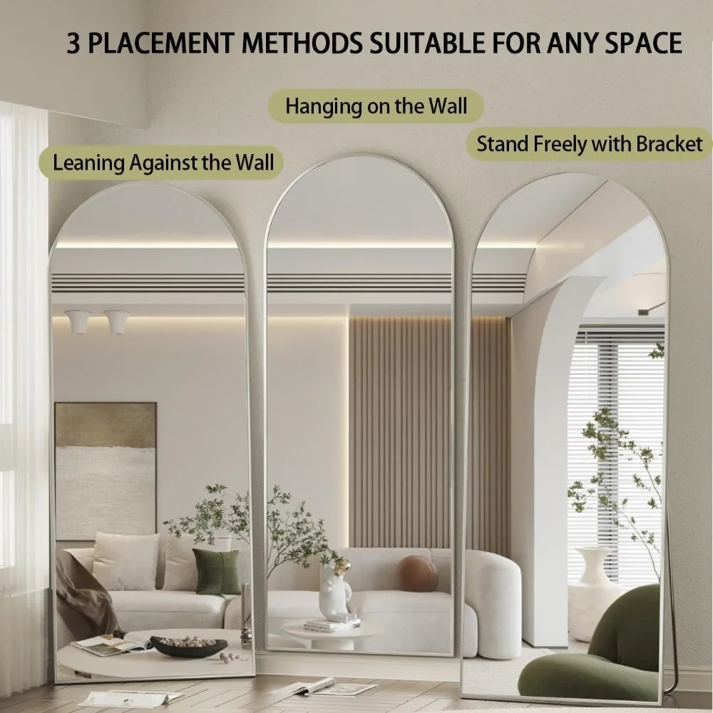 Espelho de chão de comprimento total com parte superior arqueada, 71 x 26 polegadas, inclinado ou pendurado, espelho de parede do quarto com suporte