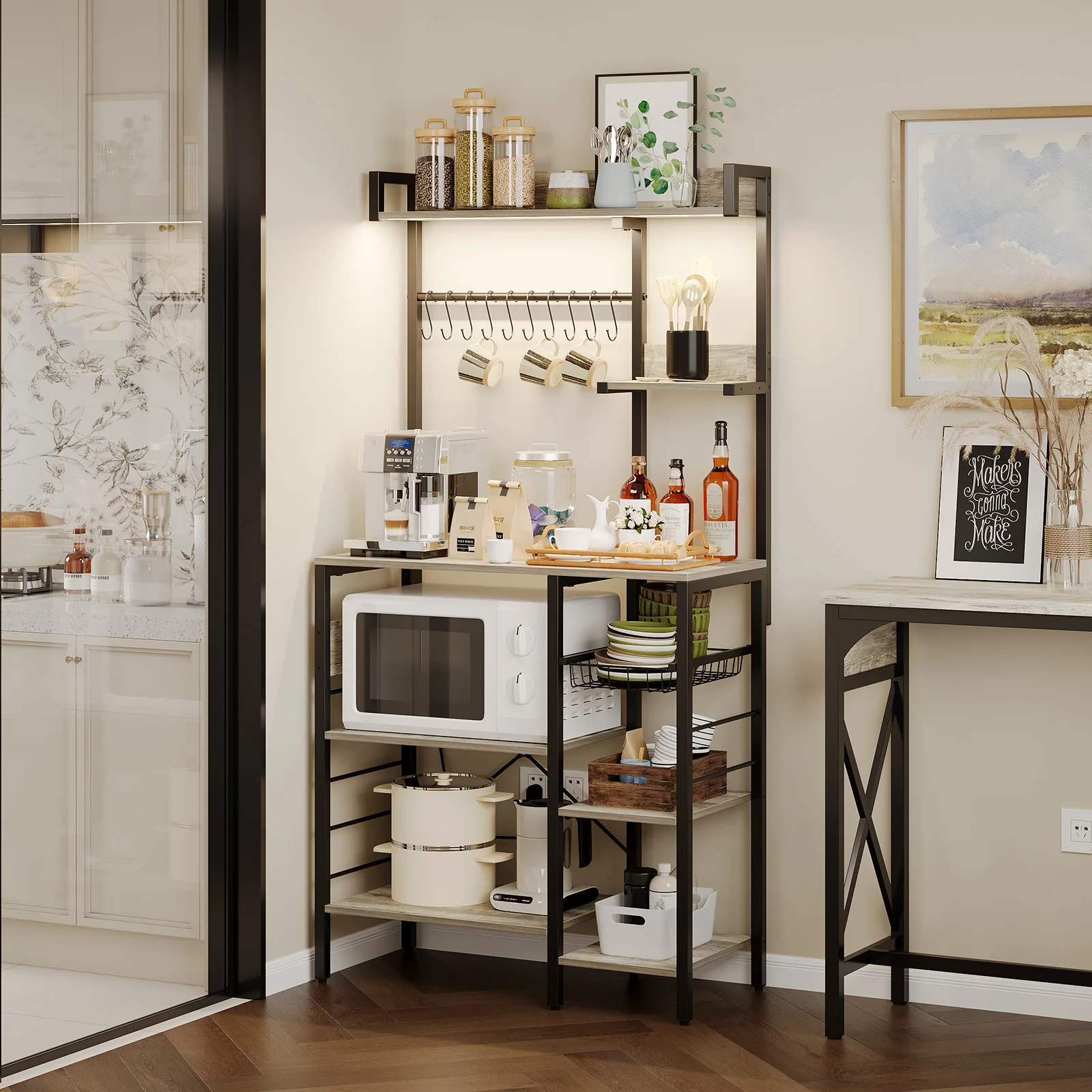 Kitchen Rack with Led Lights, Power Outlet, and Wire Basket, Microwave Stand with 10 S-shaped Hooks, Utility Storage Shelf Rack