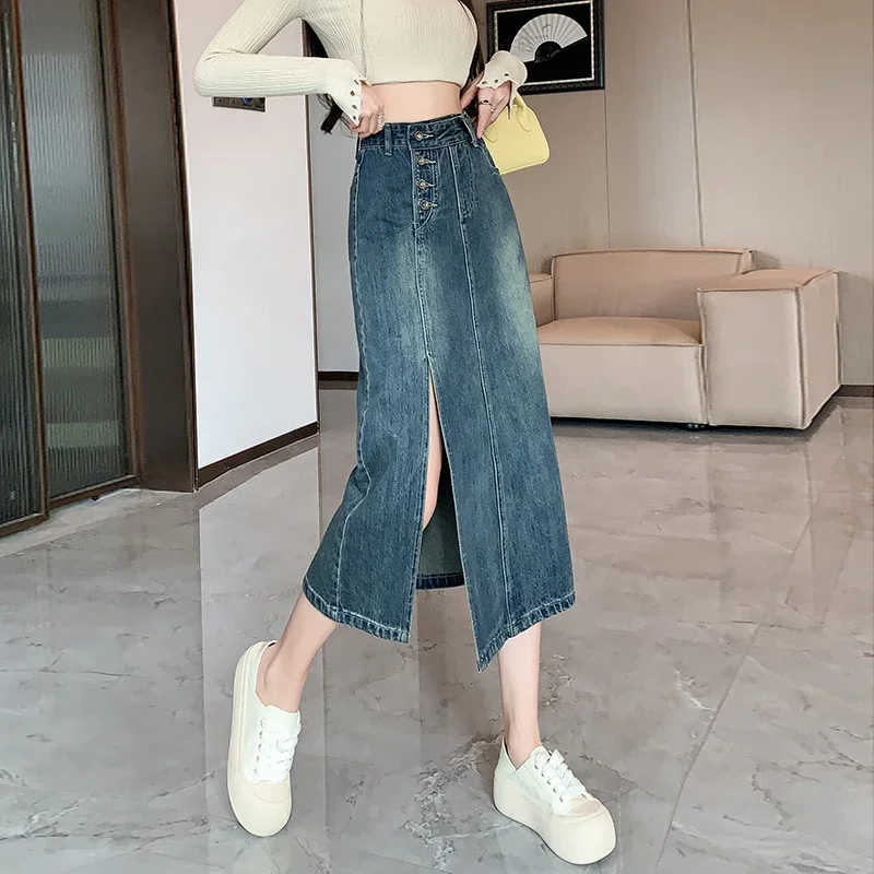 Vintage Denim Slit Skirts Women Spring Autumn High Waist Irregularity A-line Mid Length Skirts Elegant Female Jean Skirts