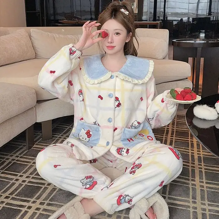 حجم كبير 2 قطعة تلوين شين تشان المرأة منامة المرجان الصوف الفتيات الشتاء دمية طوق بيجامة دافئة أنيمي Kawaii الكرتون Homewear