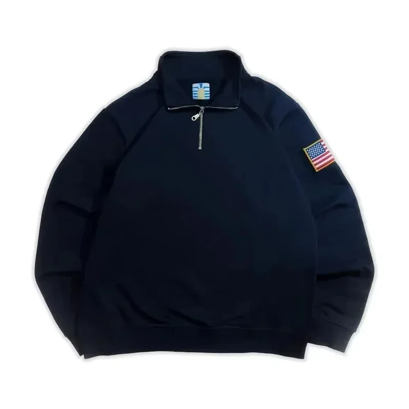 Y2K Marineblaues Sweatshirt mit Viertelreißverschluss, USA-gesticktem Amerika-Flaggen-Patch, Jacke für Männer und Frauen, Vintage Streetwear, Modetrend-Oberteil – Detail 7