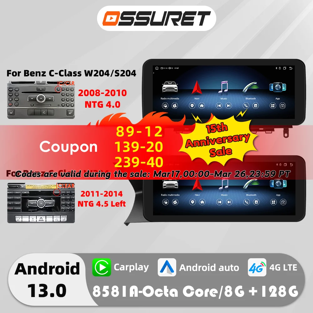 10.25 "Android 13 Autoradio Voor Mercedes Benz W204/S204 C-Klasse 2008-2014 NTG 4.0 4.5 multimedia DSP Carplay QLED Scherm Audio