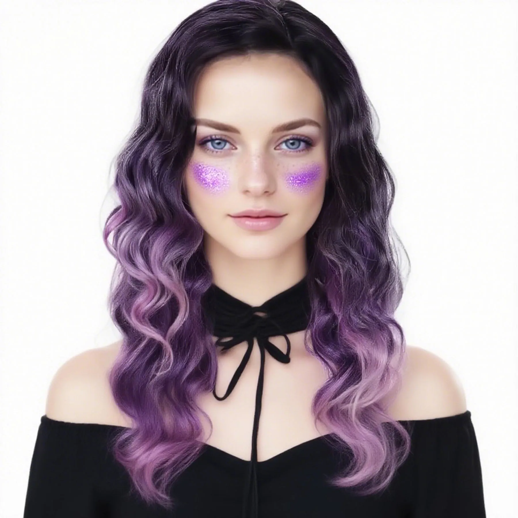 

Синтетические волосы Фиолетовые парики Длинный вьющийся парик с боковой челкой Красивые волнистые прически Омбре Фиолетовый длинный парик Костюм Drag Queen