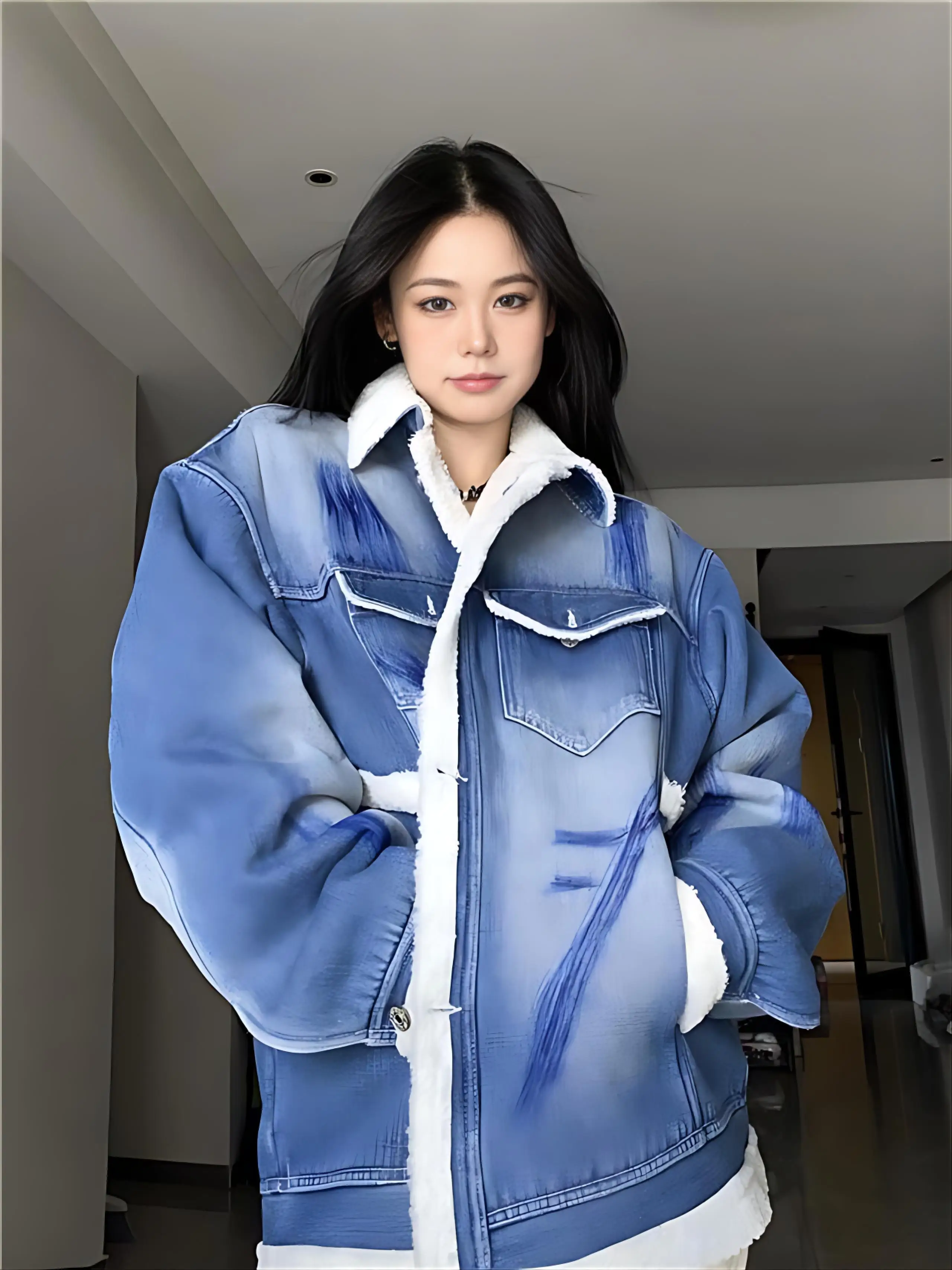 

Джинсовые пальто для женщин, длинные меховые плюшевые женские осенние приталенные против морщин в стиле бохо, дышащие, с капюшоном на плюшевой подкладке для колледжа