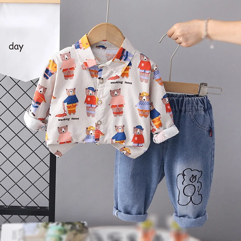 

Spring Fall Boys Clothing Sets Print Cartoon Bear Long-sleeved Shirt + Jeans Baby Boy Tracksuit Kids Clothes Toddler Outfit