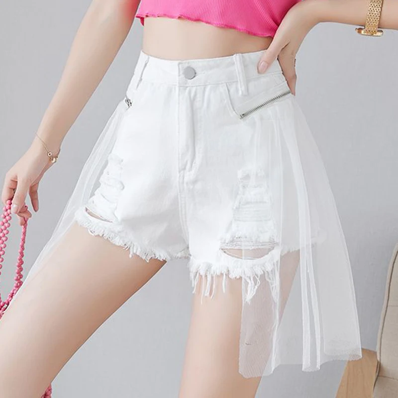 2023 Summer New denim with holes  wide leg hot pants, mesh stitching, high waisted shorts for women