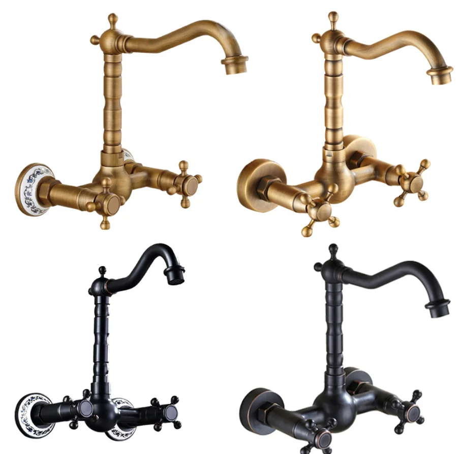 Antique brass ceramic into the wall faucet bathroom washbasin basin wall mount double handle cold and hot water faucet