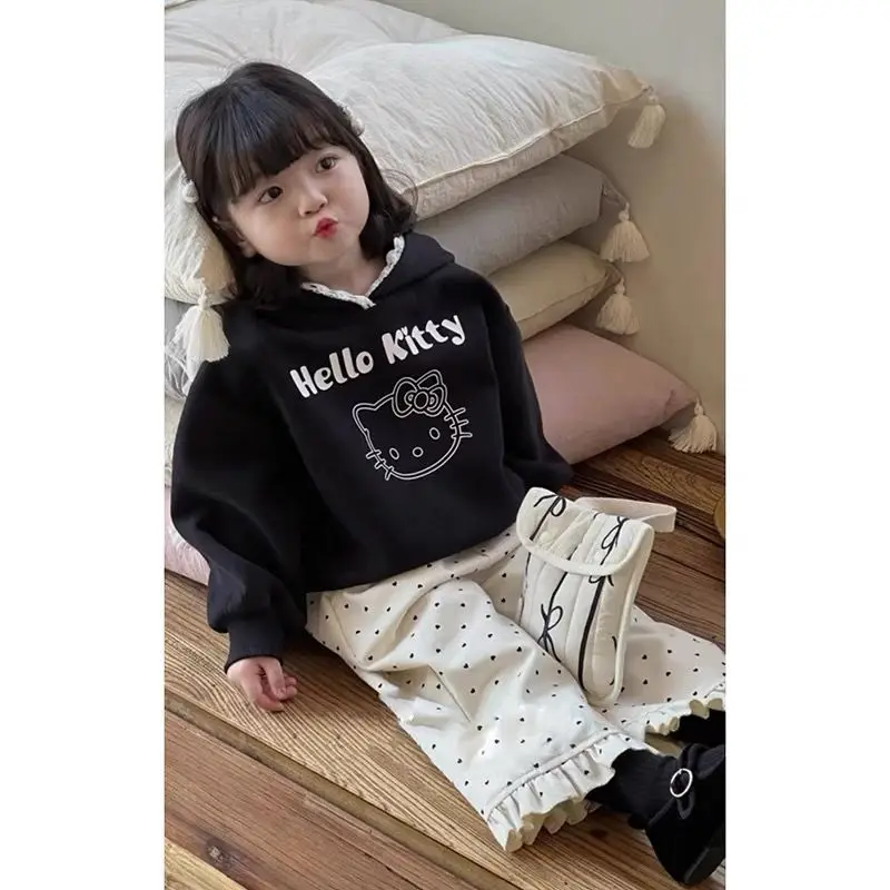 

Kawaii Hello Kitty Sanrio Student Cute Cartoon Long Sleeve Hoodie Children Fleece Warm Sportswear Trouser Birthday Gift for Kids