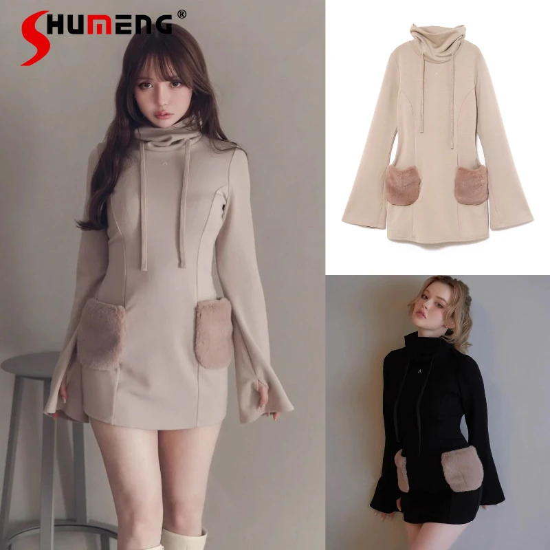 

2025 Autumn New Japanese Style Popular Design Slim Fit Casual Pocket Hooded Sweatshirt Dress Long Sleeves Lace-up Vestidos Women