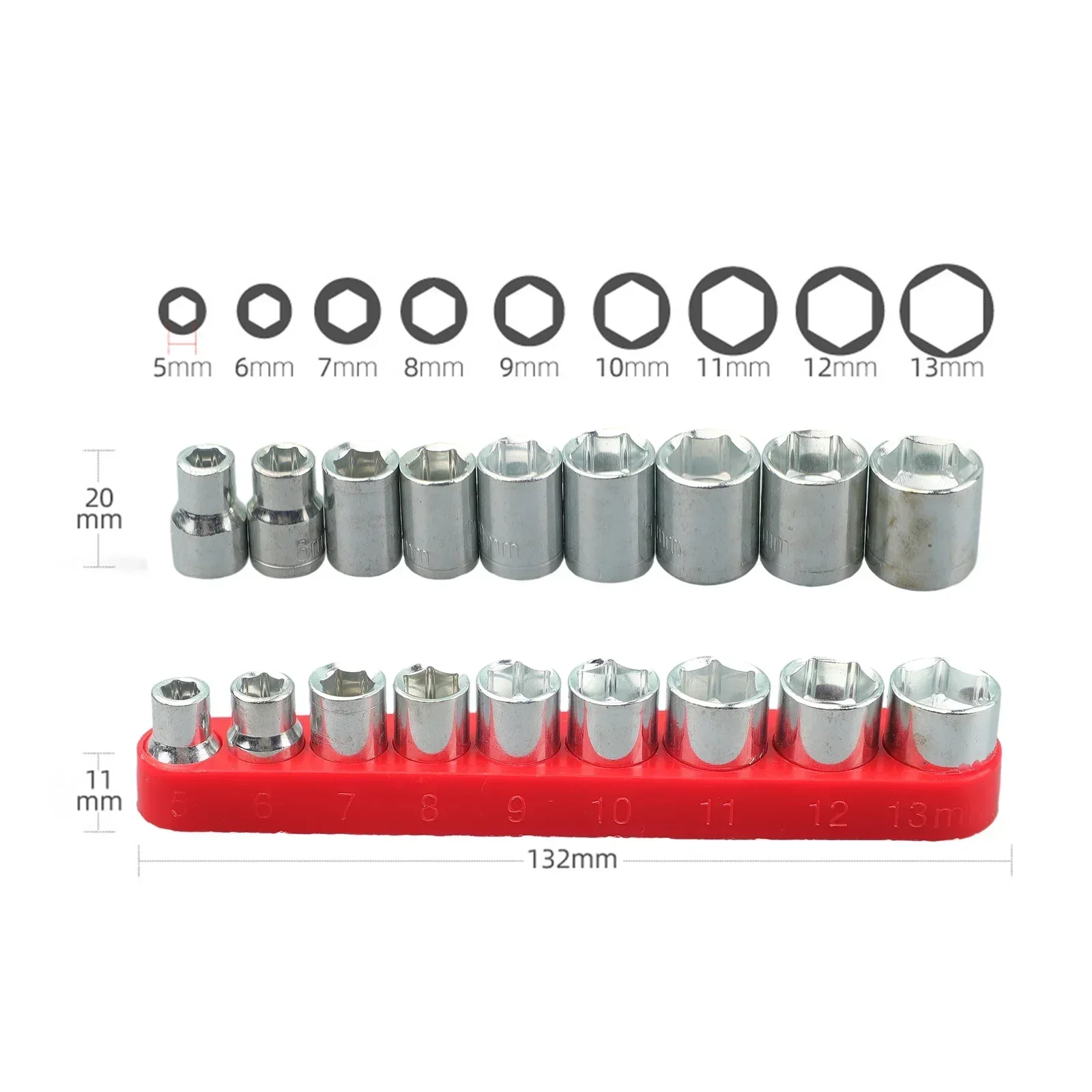 9 Pcs Hex Sockets 1/4 Inch Drive 5-13mm Hex Bit Metric Socket Wrench Head Nut Set With Red Base Power Drill Hand Removal Tools