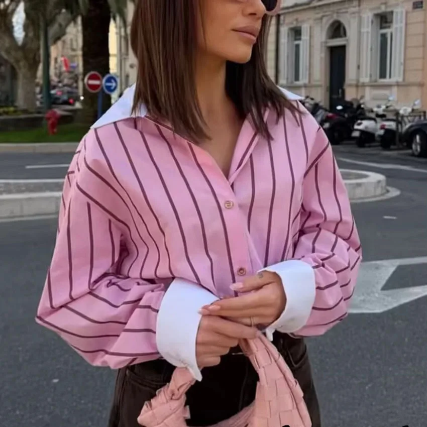 

Vintage Pink Striped Women Casual Single Breasted Shirts Loose Turn-down Collar Shirt Fashion 2026 Spring Female Shirts