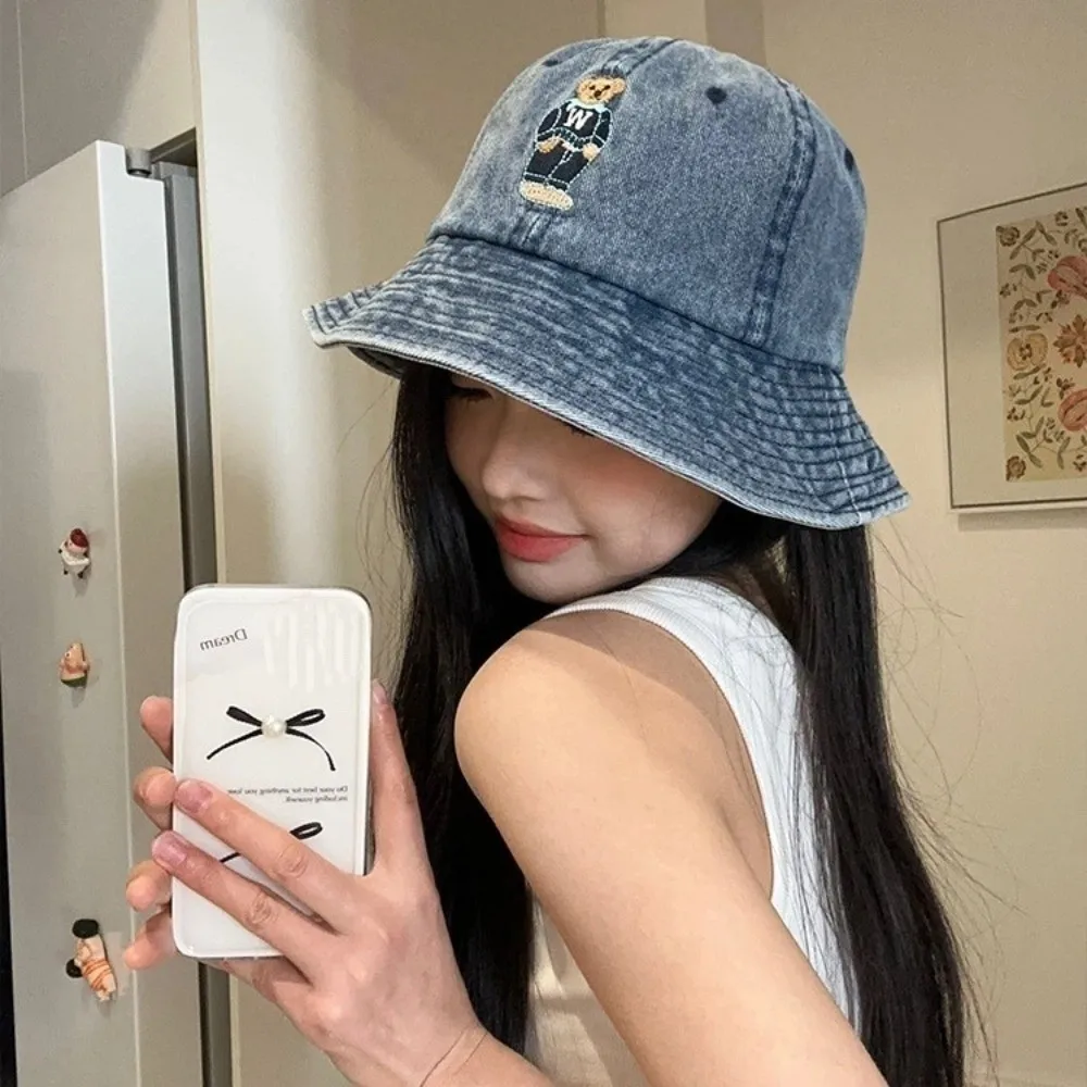 

Fashion Korean Denim Bucket Cap Versatile Y2k Denim Fishing Cap Sweet Bear Embroidered Sun Protection Hat Women