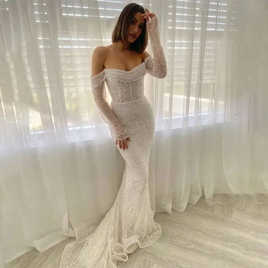 

Off Fashion Shoulder Corset Three Quarter Sleeve Back Zipper And Buttons Formal Dress Mermaid Wedding Dresses Es