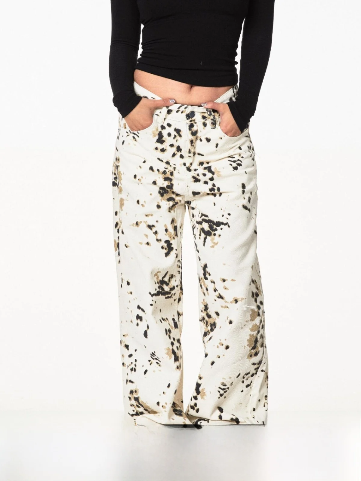 Blackbb American Retro Leopard Print Denim Pants Women High Street Hiphop Loose Straight Floor-Length Trousers Trendy