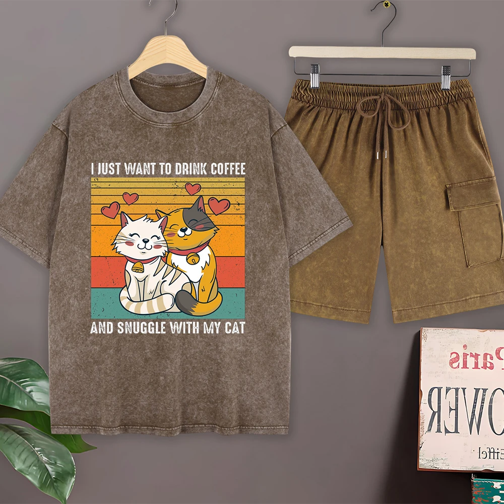 Have Coffee With Cat Cotton Washed T-Shirt Set Mens Street Short Sleeve Tops Cargo Shorts O-Neck Oversize T Shirt Summer Clothes